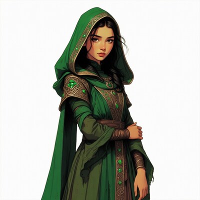 Asian woman in green hooded robe