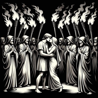 Couple Kissing Surrounded by Torch-Holding Men