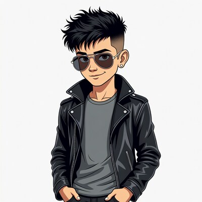 Asian boy in leather jacket and sunglasses