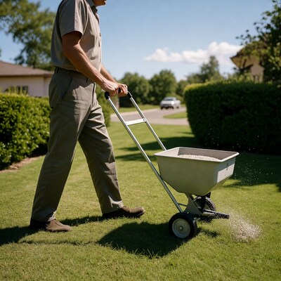 Man pushing lawn spreader on grass