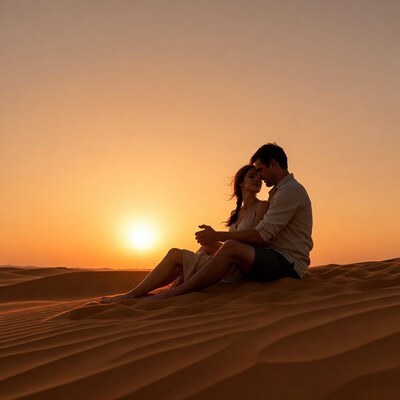 Couple embracing at sunset in desert