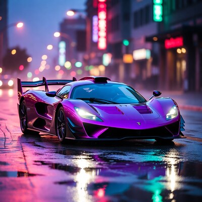 Purple T77 Hypercar on Wet Neon Street