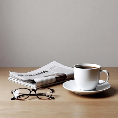 Newspaper, coffee cup and glasses
