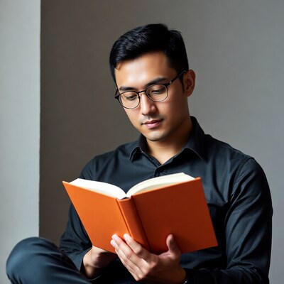 Asian man reading orange book