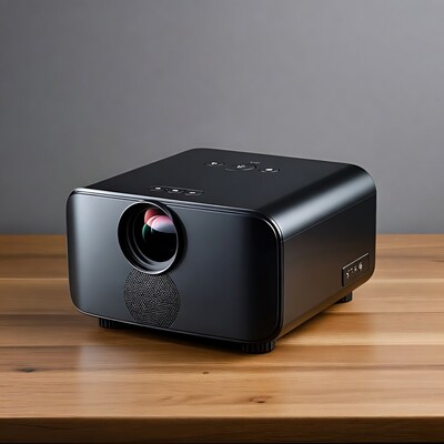 Black Portable Projector on Wooden Table