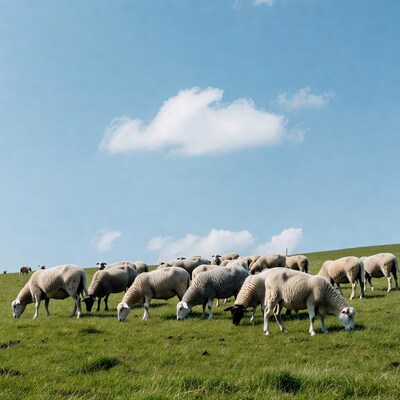 Sheep grazing on green hillside