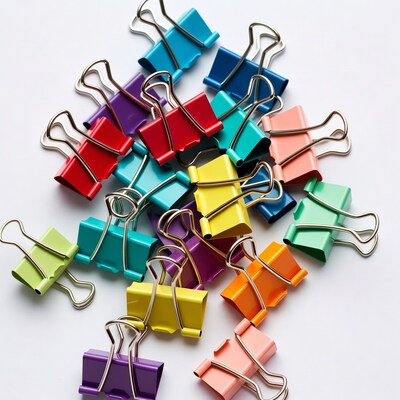 Colorful binder clips on white background