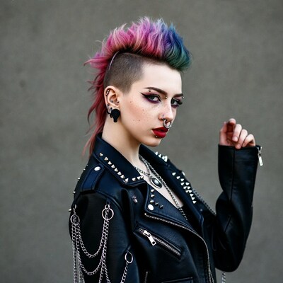 Woman with colorful mohawk punk jacket