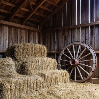 Hay bales and wagon wheel in barn