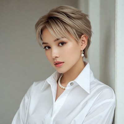 Asian woman with short blonde hair