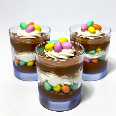 Chocolate Parfaits with Colorful Candy Eggs