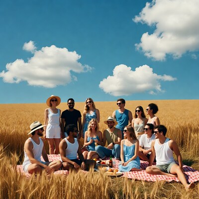 Diverse group picnicking in wheat field