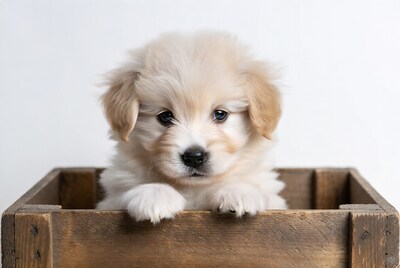 Golden Retriever Puppy in Wooden Crate