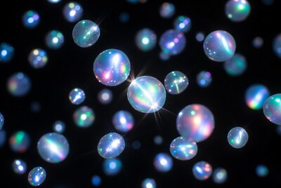 Colorful Iridescent Bubbles Floating on Black