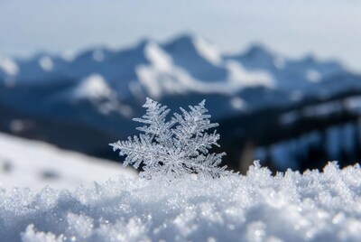 Snowflake on snow with mountains