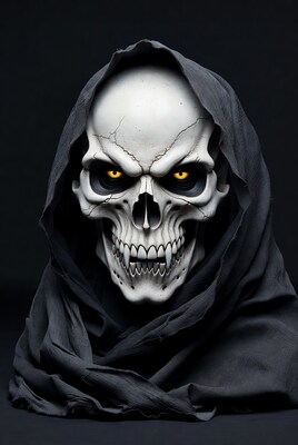 Skull in Hood with Glowing Yellow Eyes