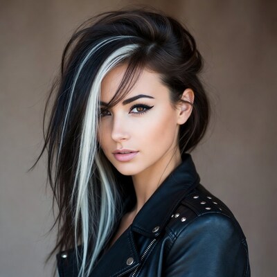 Woman with black white hair in leather jacket