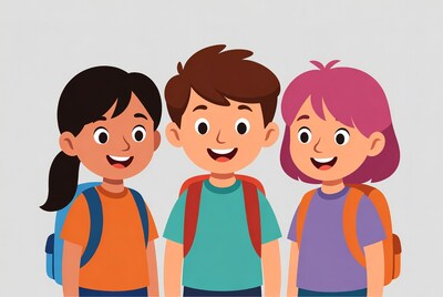 Three happy kids with backpacks