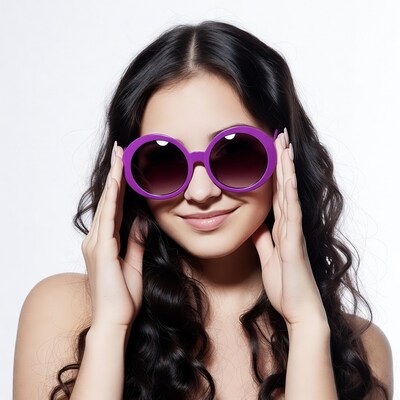 Woman holding purple sunglasses