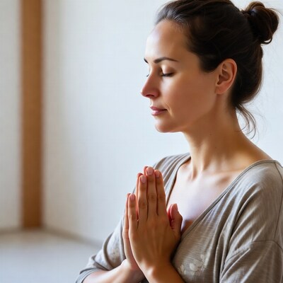 Woman in prayer pose meditating