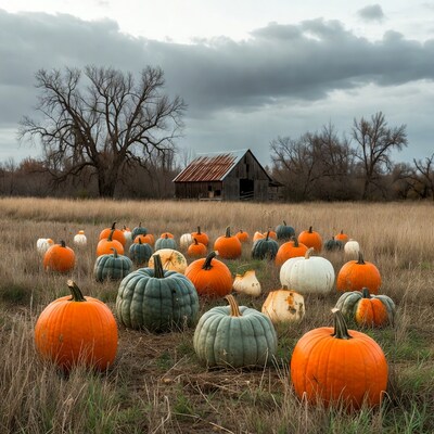 Pumpkins in field by old barn