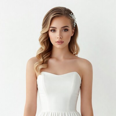 Bride in strapless white wedding dress