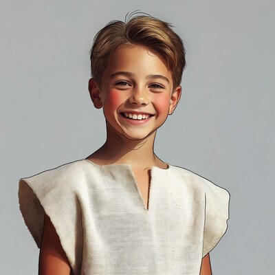 Smiling boy in white tunic illustration