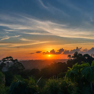 Sunset over tropical jungle landscape