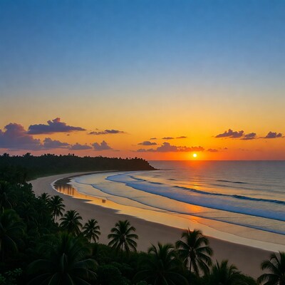 Sunset over palm-lined tropical beach