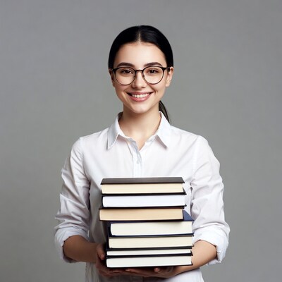 Asian woman holding stack of books