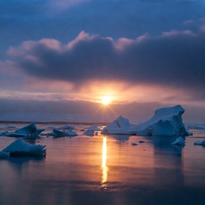 Sunrise over icebergs in arctic waters