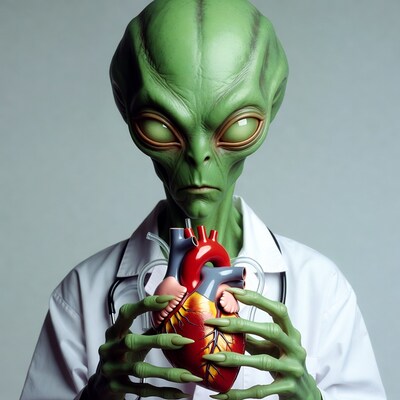 Alien doctor holding heart model