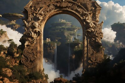 Ornate Archway Framing Floating Temple