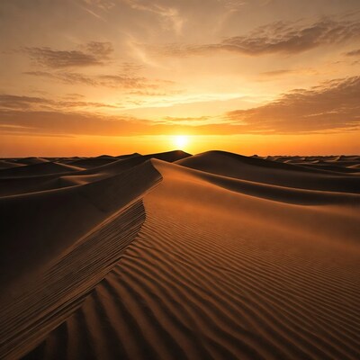 Sunset over desert sand dunes
