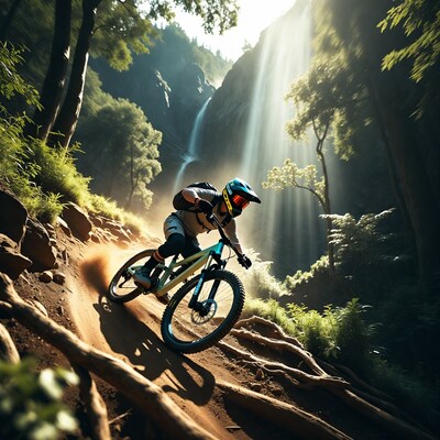 Mountain biker descending trail near waterfall