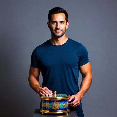 Handsome man holding ornate blue jar
