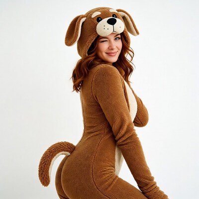 Woman in brown dog onesie costume