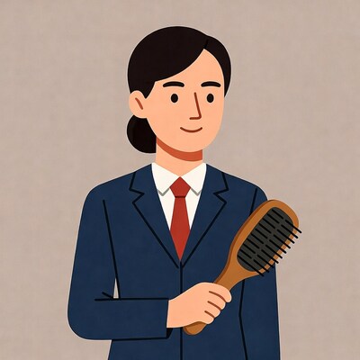Asian woman in suit holding hairbrush