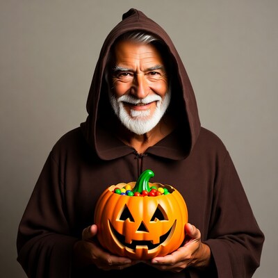 Elderly man in robe holding jack-o-lantern
