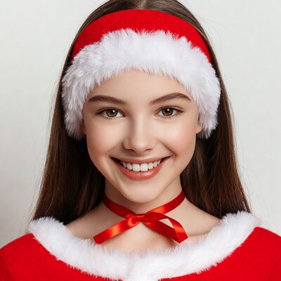 Girl smiling in Santa hat and dress