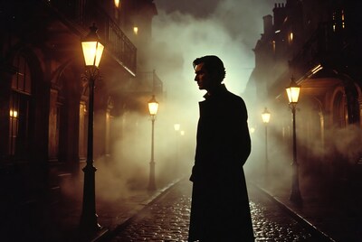 Silhouette man in foggy gaslit alley