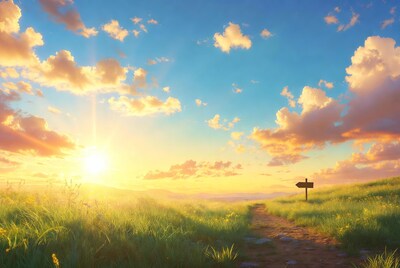 Sunrise Path with Sign in Grassy Field