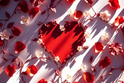 Red Heart with Rose Petals and Cherry Blossoms