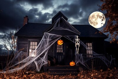 Haunted House with Skeleton and Pumpkins