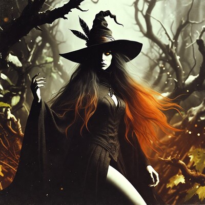 Witch with wide-brim hat in foggy forest