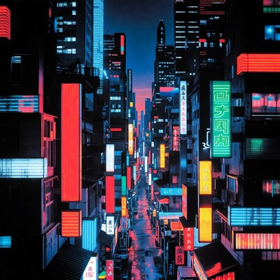 Neon-Lit Cyberpunk City Street
