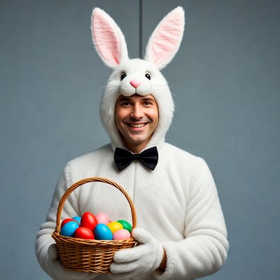 Man in Easter Bunny costume holding egg basket