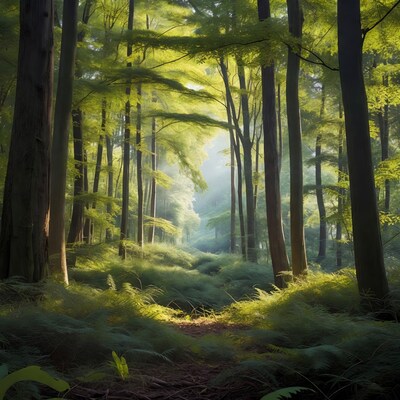 Sunlit Forest Path with Ferns