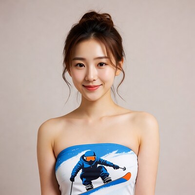 Asian woman in snowboard tube top