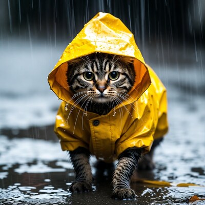 Tabby kitten in yellow raincoat
